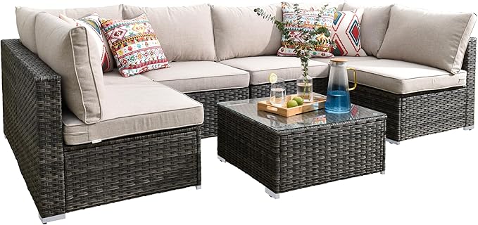 HOOOWOOO 7 Piece Patio Sectional Furniture Set,Modern Wicker Outdoor Conversation Sofa Sets,Weather Resistant Modular L Shaped Outside Couch Table Set(Beige)