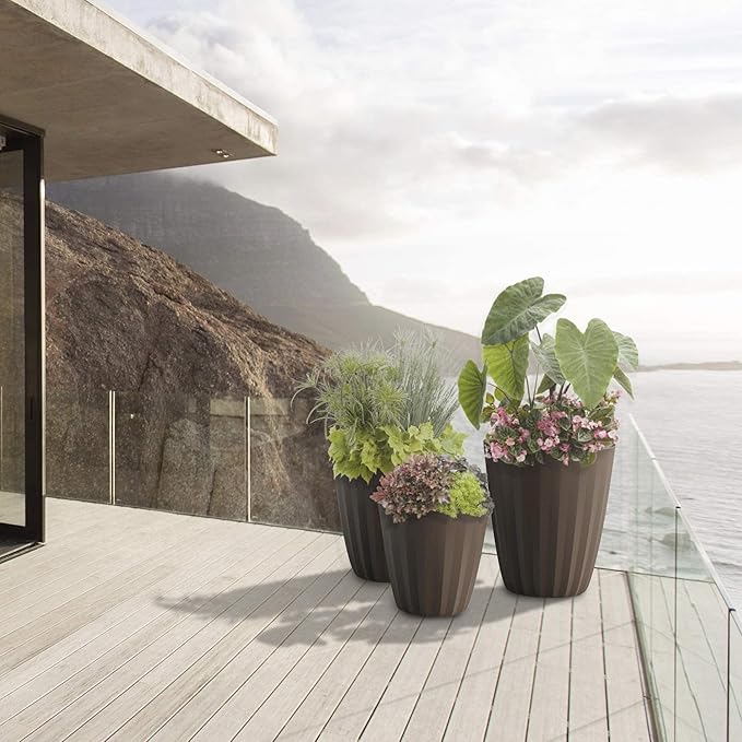 Crescent Garden Pleat Modern Decorative Planter, Indoor/Outdoor Pot, Resin Plant Pot with Drain Hole - 27"W x 27"H (Terracotta-colored)