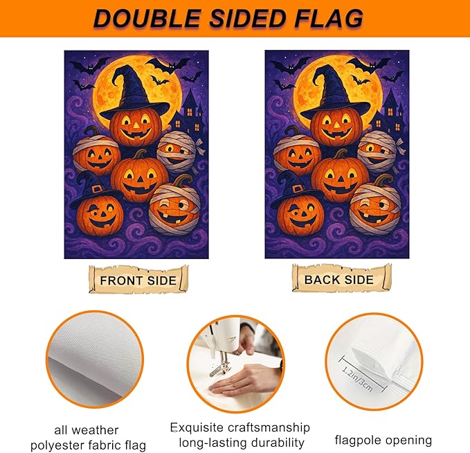 IVN Spooky Halloween Garden Flag 12x18 Inch Double Sided Witch Hat Pumpkin Jack O’ Lantern Trick or Treat Outdoor Fall Yard Flag for Outside Home Front Door Lawn Porch Patio Welcome Decor