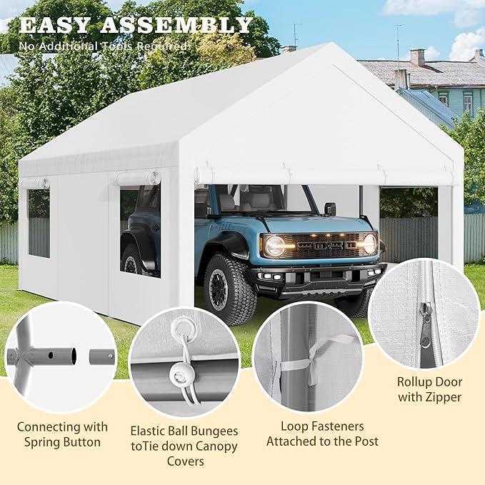 Nuturelly 12x20 FT Carport, Heavy Duty Carport Canopy with Roll-up Windows, Portable Garage with Removable Sidewalls & Doors, Car Canopy with All-Season PE Tarp for Car, Truck, Boat(White)