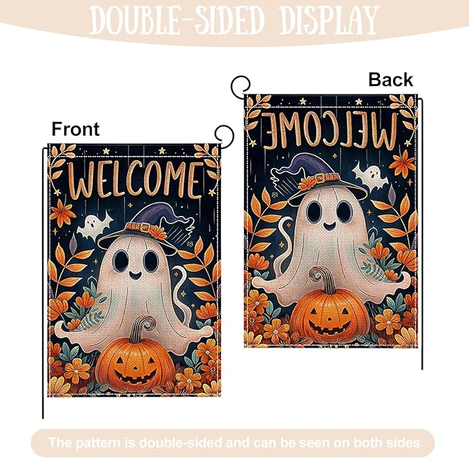 Halloween Garden Flag 12 x 18 Inch Double Sided Ghost Pumpkin Designs Fall Autumn Burlap Yard Flag for Outside Rustic Yard Outdoor Holiday Home Decoration