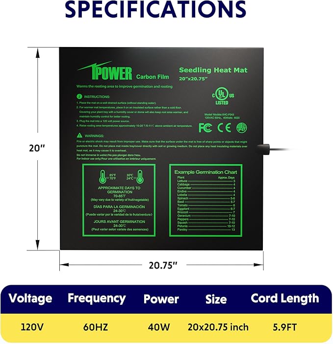 iPower 20" x 20.75" Seedling Heat Mat, Waterproof Durable UL&MET Certified Heating Pad for Indoor Gardening, Hydroponic Plant Germination