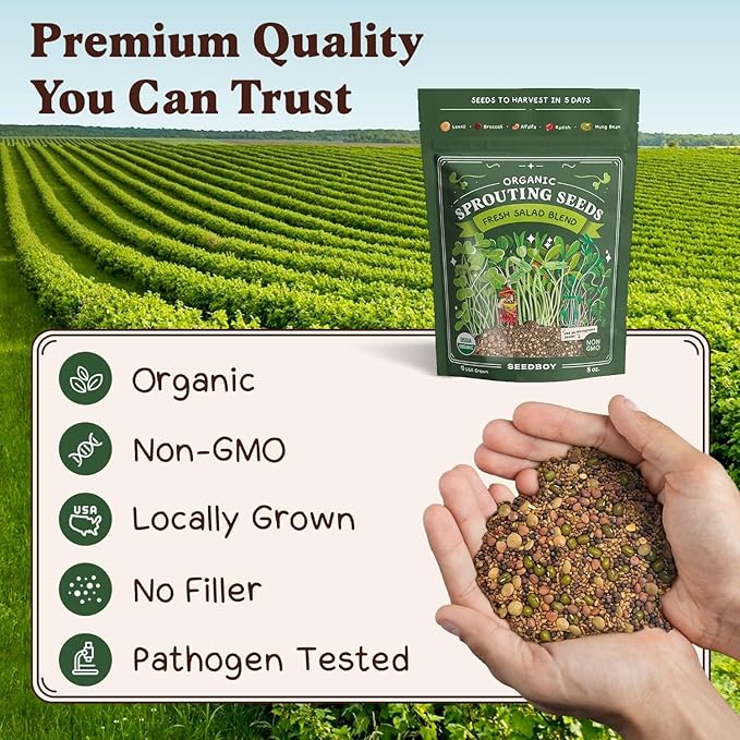 Seedboy Sprouting Kit Bundle - Sprouts Growing Kit with Jar, Lid, Stand and Organic Salad Blend Seeds (8 oz Bag, 24 Servings) - Non-GMO, USA Grown Microgreens - (Sprouting Jar/Salad Blend)