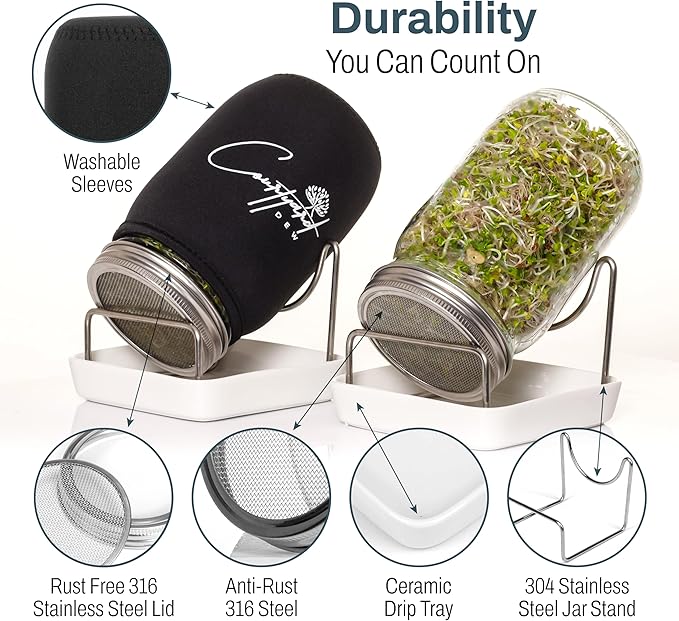 Sprout Growing Kit – Green Onion Regrower, 2 Wide-Mouth Mason Jars with Screen Lids, Blackout Sleeves & Ceramic Tray – Easy Microgreens Growing Kit for Alfalfa, Broccoli, Mung Beans