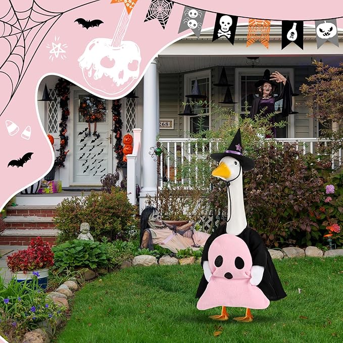 Sanwuta 1 Set Halloween Porch Goose Outfit Pink Ghost Pillow Design with Witch Hat for 23" Lawn Cement Goose Porch Geese Clothes Costume for Halloween Garden Patio Yard Outdoor Decorations