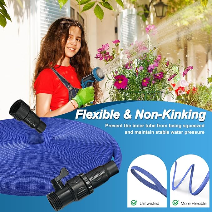 Garden Hose, 2025 Upgraded Non-Expanding Water Hose Sturdy & Lightweight 3/4 Hose, No-Kink, Tough & Flexible Water Pipe, Crush-Proof for Yard, Lawn, Outdoor, Car Wash (Blue, 75FT)