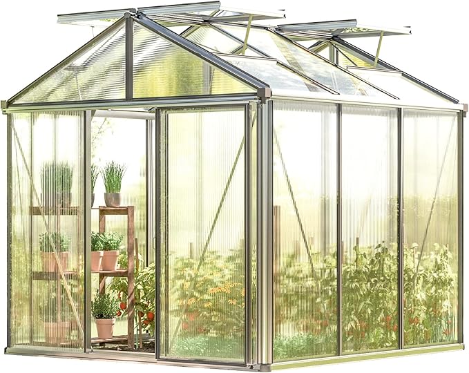 Greenhouse Diamas 21 Premium 7.7 x 7.7 ft with Approx. 16 mm Polycarbonate Panels, Natural Aluminum Color