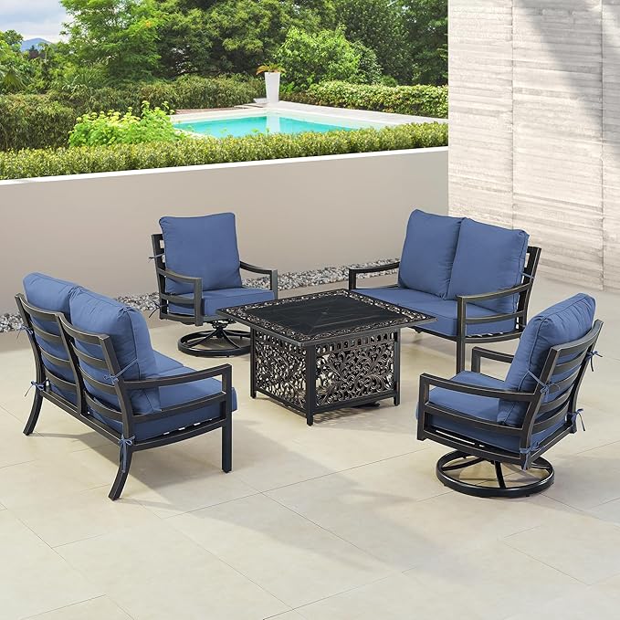 Oakland Living Black Aluminum Patio Fire Table Set with Two Deep Seating Loveseat with Cushions and Two Club Chairs with Blue Cushions