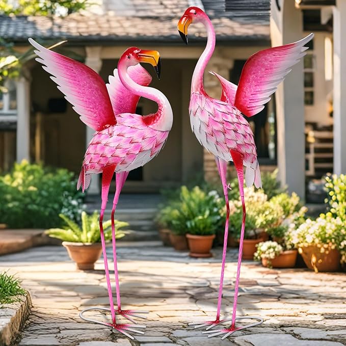 WONDER GARDEN Pink Flamingo Statue-Garden Statues for Outside - 2 Pack Flamingos Sculptures Statue, Metal Birds Yard Art for Pond, Patio, Outdoor, Porch Decor