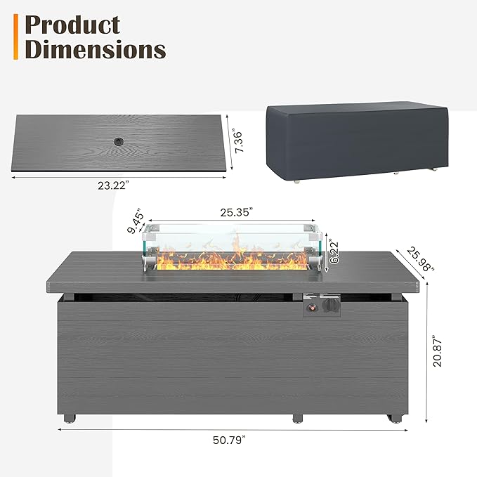 Sundale 50 Inch Outdoor Fire Pit Table, 50,000BTU Rectangle Propane Fire Pit with Glass Wind Guard, Rain Cover, Removable Lid, CSA Certified, Gray