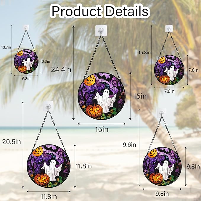 Stained Glass Window Hanging Halloween White Ghost Black Bat 11.8" - Suncatcher Door Garden Sunroom Horror Pumpkin Sun Catcher Birthday for Friend Mom Men Woman Nana