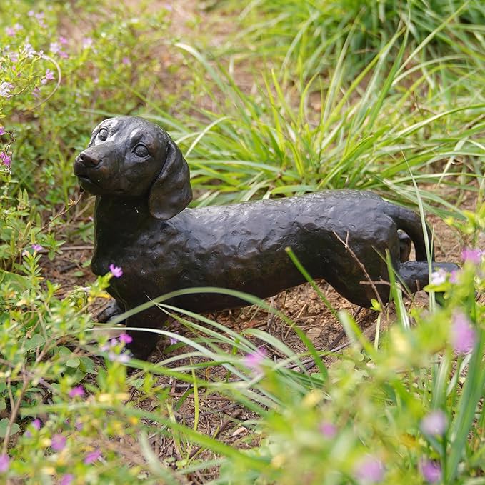 Dog Statues Outdoor Dachshund Décor - Wiener Dog Garden Statue Made of Resin Material Sausage Statue Dark Brown 12.75 * 4 * 8.5 inch for Patio Lawn Yard Porch Garden Gift Figurine