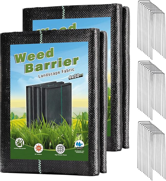 4 x 100FT Garden Weed Barrier Landscape Fabric Heavy Duty Weed Fabric Barrier Premium Garden Ground Cover Weed Control Mat with 30 U-Shaped Securing Pegs for Garden Farming Ground (4 x 50FT 2 Pack)