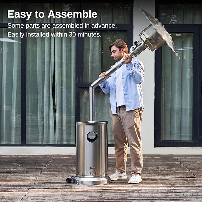 EAST OAK 48,000 BTU Patio Heater for Outdoor Use With Round Table Design, Double-Layer Stainless Steel Burner and Wheels, Outdoor Patio Heater for Home and Commercial, Stainless Steel