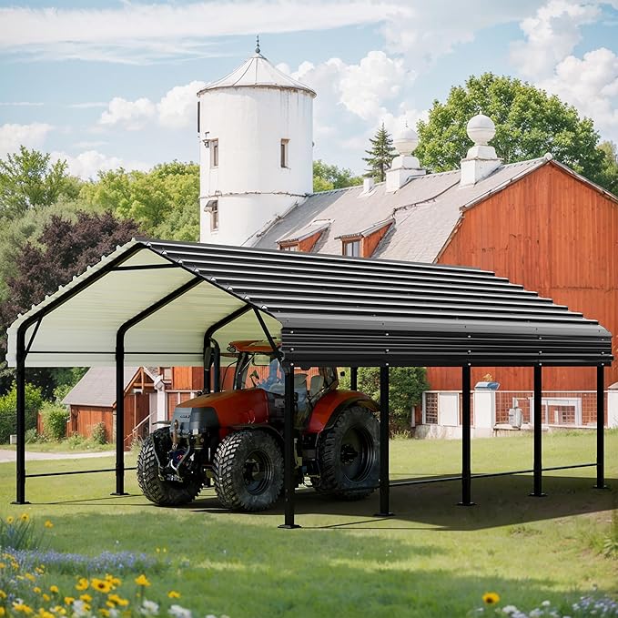 JAMFLY Carport, 12X20 FT Metal Carports, Heavy Duty Carport Canopy with Galvanized Steel Roof and Frame, Metal Car Garage Upgraded Extra Large Garage for Pickup, Boat, Car and Tractors
