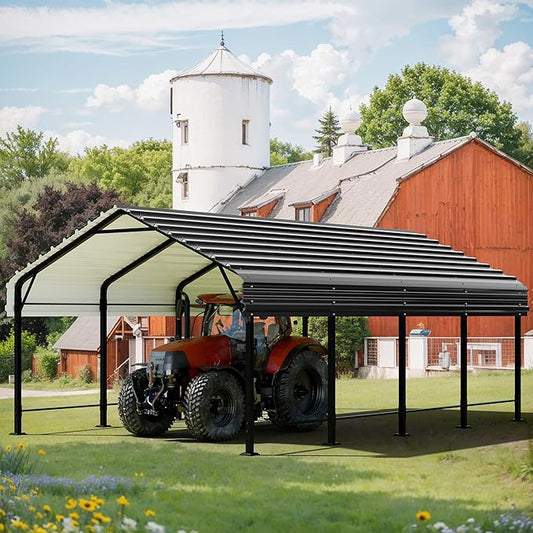 JAMFLY Carport, 12X20 FT Metal Carports, Heavy Duty Carport Canopy with Galvanized Steel Roof and Frame, Metal Car Garage Upgraded Extra Large Garage for Pickup, Boat, Car and Tractors