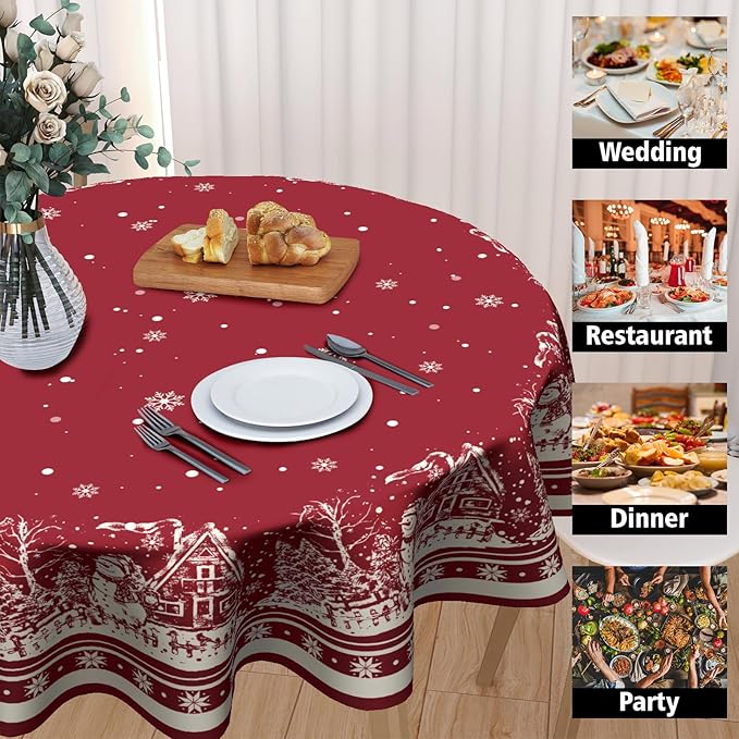 Giwawa Xmas Round Tablecloth 60 Inch, Farmhouse Red Snow House Snowflakes Holiday Washable Polyester Table Cover for Picnic Dinner Kitchen Winter Seasonal Party Tabletop Decoration