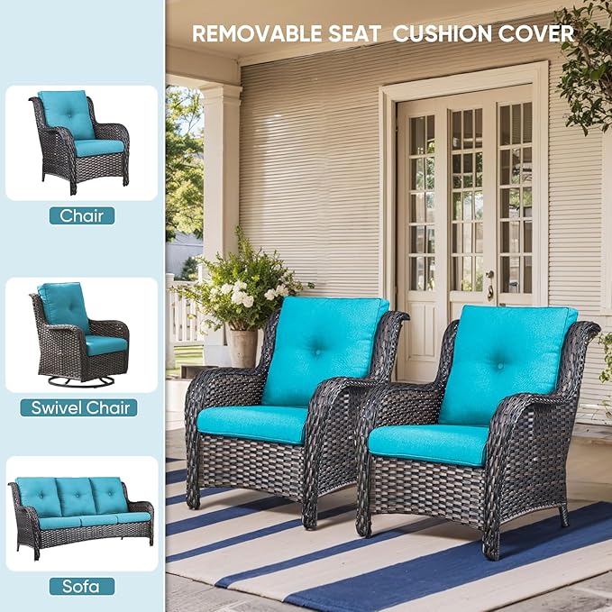 7-Piece Outdoor Patio Cushion Set - Fade & Water Resistant with Removable Olefin Cover, 22x24x4 Inch Memory Foam Cushions for Wicker Sectional Sof - Teal/Buckle