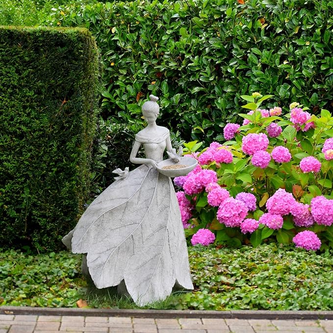 Fairy Garden Statue Bird Feeder - 23-inch Large Sculpture for Outdoors Statues Bird-Bath Yard Decorations Fairy Garden Statue Grey White DiliComing