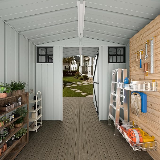 Modern 6×6 FT Metal Outdoor Storage Shed with Windows, Stylish Lockable Waterproof Garden Tool Shed, Contemporary Storage Shed for Lawn Mower & Backyard Patio, Dark Gray (No Floor)