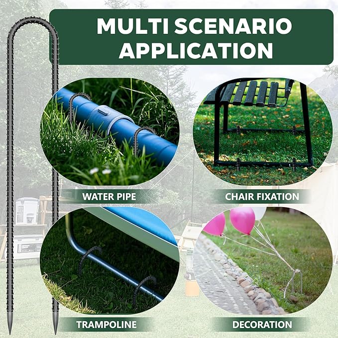 20 Pieces Trampoline Stakes Anchors High Wind Heavy Duty,U Shaped Garden Hooks Stakes for Ground,Trampoline Tie Downs Anchor Kit,Bounce Horseshoe House Stake,Rebar Camping Tent Stakes,12 Inch Long