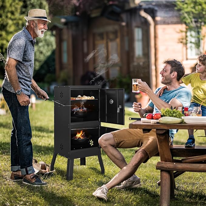 BBQ Smoker Grill with 2 Doors, Vertical Charcoal Smoker with 2 Detachable Grill Racks, Charcoal Pan & Water Pan, Outdoor Meat Smoker with Thermometer, 4 Air Vents, Idea for Parties, Backyard