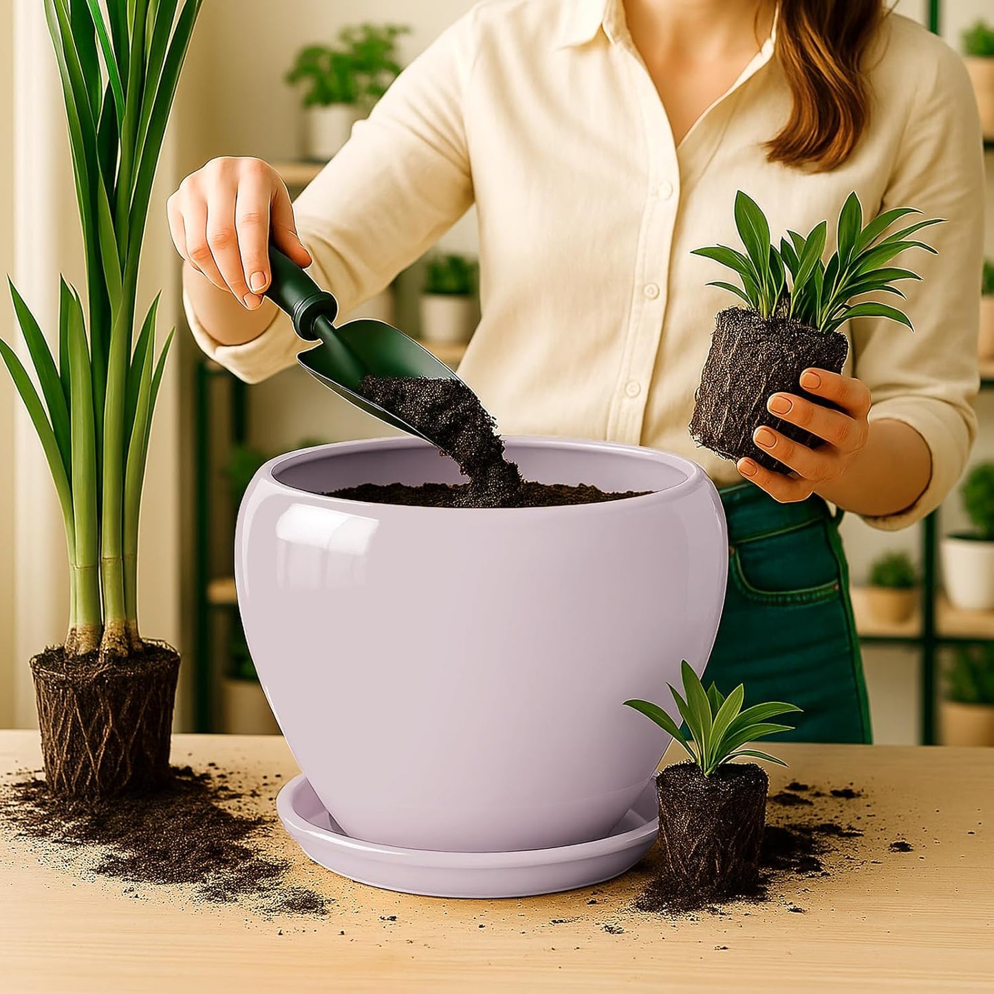 Deep Dream 10 Inch Plant Pot- Ceramic Planter Pot Round Plant Pots for Indoor Plants Outdoor Large Flower Pot with Drainage Holes & Trays, Pink