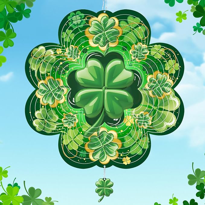 St. Patrick's Day Wind Spinner, St Patricks Day Decorations Gifts for Women, 3D Shamrock Hanging Wind Spinners for Outdoor & Indoor Decor, 12 Inch Metal Wind Spinner for Garden Yard Home Ornament