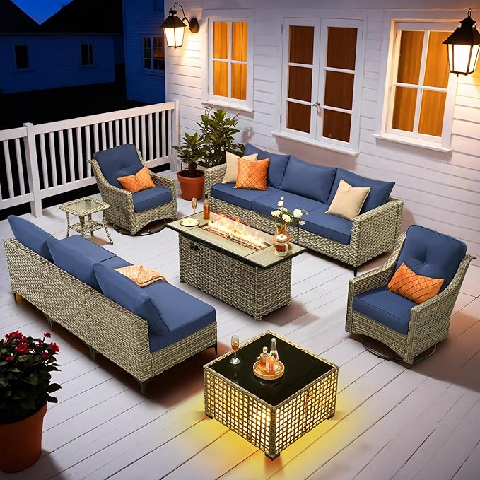 HOOOWOOO Outdoor Patio Furniture Set with Fire Pit Table,11 Pieces Wicker Out Door Sectional Furniture L Shaped Couch,Outside Patio Conversation Swivel Chair Sets,Navy Blue