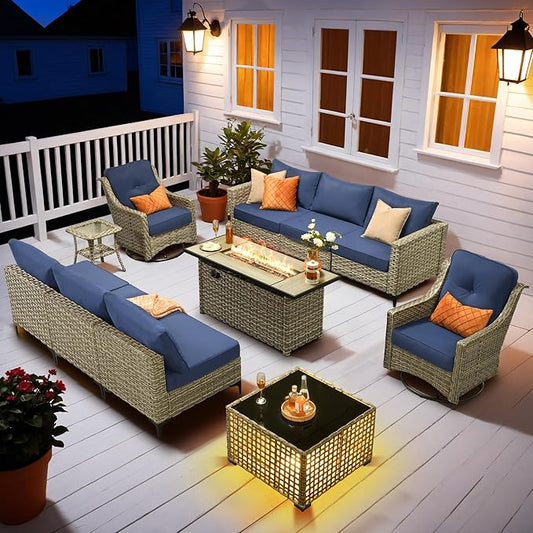 HOOOWOOO Outdoor Patio Furniture Set with Fire Pit Table,11 Pieces Wicker Out Door Sectional Furniture L Shaped Couch,Outside Patio Conversation Swivel Chair Sets,Navy Blue