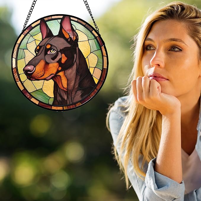 Stained Glass Window Hanging - Funny Dark Brown Doberman Pinscher Suncatcher for Door Terrace Garden Home Decor, Pet Dog Sun Catcher Birthday Gifts for Lovers Women Men Dad Mom Nana 11.8 in