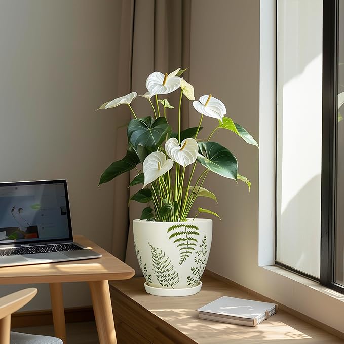 Ceramic Plant Pot 8.2 Inch - Ceramic Planter for Indoor Plants, Boho Round Decorative Outdoor Flower Pot with Drainage Hole and Saucer, Housewarming Gifts, Office Home Garden Decor, White