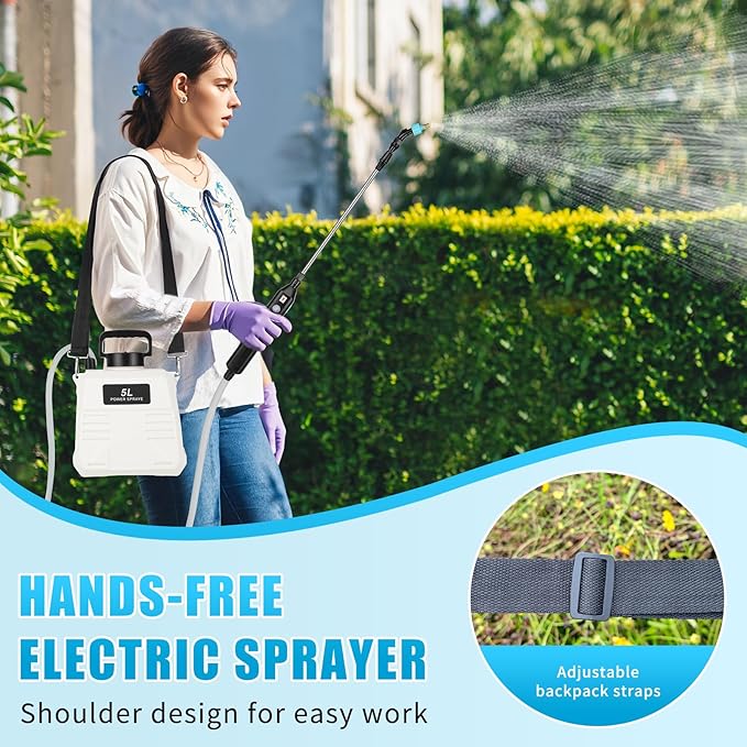 Battery Powered Sprayer 1.35 Gallon, Electric Garden Sprayer with 3 Mist Nozzles,Retractable Wand, Adjustable Strap for Lawn, Garden, Yard (White)