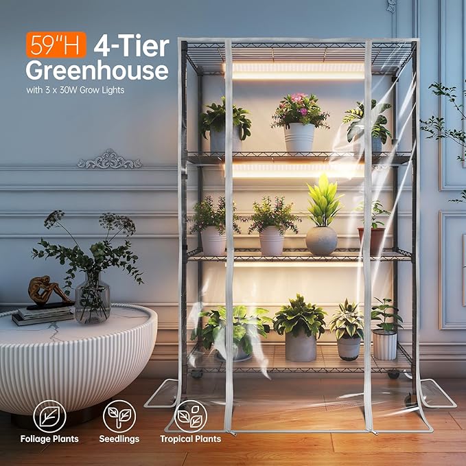 Indoor Greenhouse with Grow Light, Plant Stand with 3 Pack Full Spectrum Plant Lights, 3 Color Modes, Plant Shelf with Tent for Indoor Plant, Seed Starting, Seed Tray, 35.4"x13.8"x59"