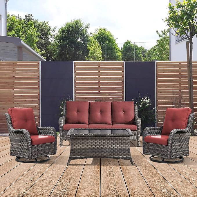 Patio Furniture 4 Piece Set, All-Weather PE Wicker Outdoor Set with Coffee Table, Swivel Rocker Chairs and Sofa, Grey/Green