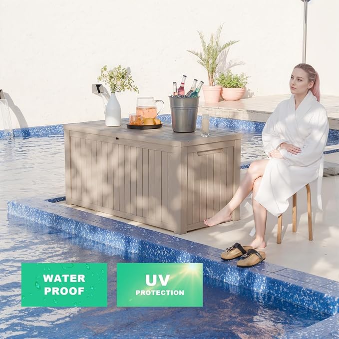 ROJIK Outdoor Storage Housing Deck Box - Waterproof Patio Furniture, Garden Tools, Cushions, Pool Accessories Storage Bench with Lockable Lid and Side Handles (Grey 180 Gal)