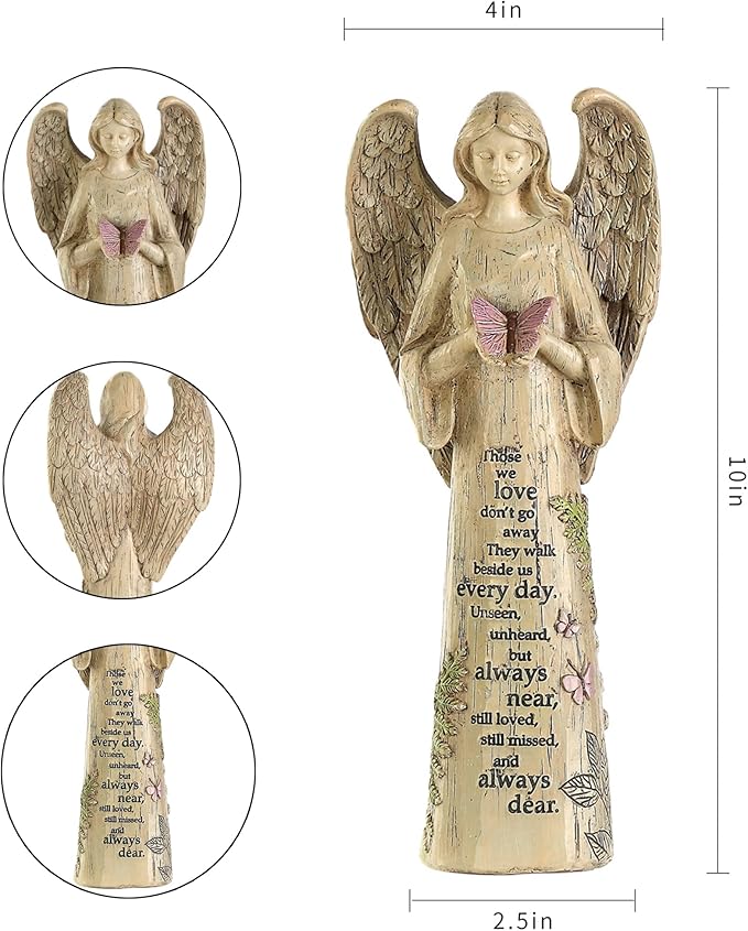 Garden Resin Angel Statue Standing with Butterfly, Patio and Lawn Decoration Outdoor Waterproof Sculpture Ornament for Angel Memorial Gifts Home Decoration, 10" H
