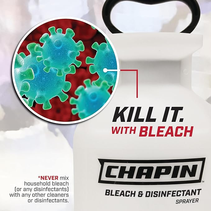 Chapin 22074: Made in The USA Disinfectant Bleach Pressure Pump Tank Sprayer, 2-Gallon, Adjustable Cone Nozzle, Compatible with Bleach Solutions and Fungicides, Translucent White