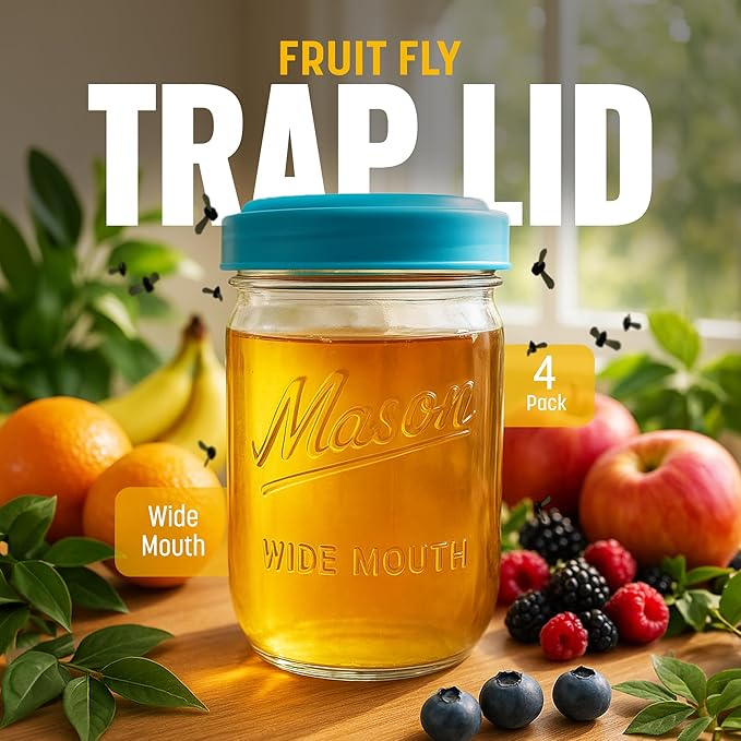 Fruit Fly Trap Lids for Wide Mouth Mason Jars - Natural Non-Toxic Gnat Catchers, Reusable Covers (4 Pack)