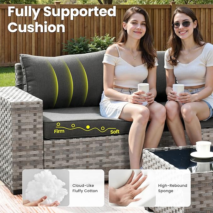 ovios 7 Pieces Patio Furniture Set, Outdoor Wicker Sectional Sofa with 30 Inch Fire Pit Table Comfy Cushions, Modern Modular Deep Seat Rattan Couch Conversation Set, Black
