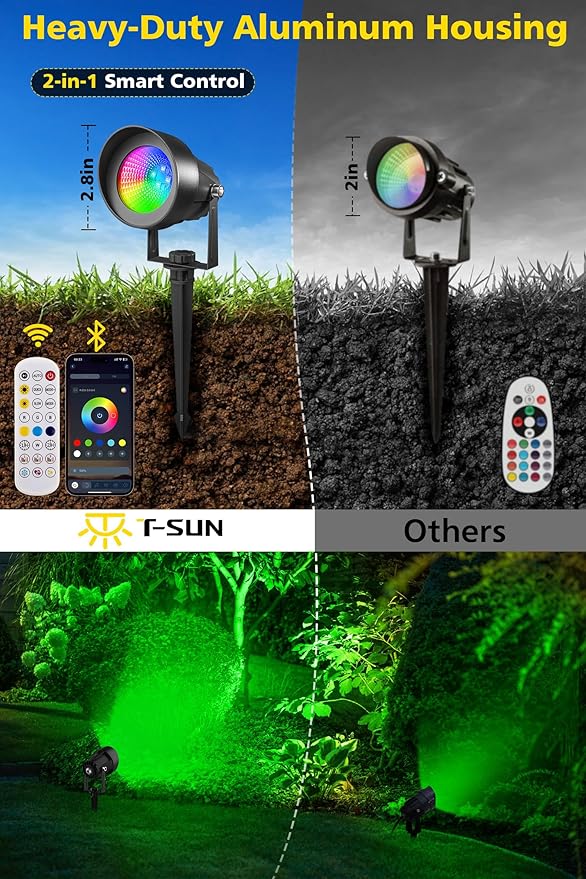 T-SUN Smart Color Changing Landscape Lights, RGBW Halloween Spotlights Outdoor with App & Remote, Music Sync, DIY Scenes, Timing, Dimmable Waterproof Spot light for Yard Garden Tree Decoration, 6 Pack