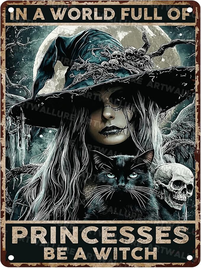 Goth Metal Tin Sign Vintage Halloween Wall Art Kitchen Witch Decoration Spooky Rustic Decor Tin Plaque Retro Iron Painting 12x16inch