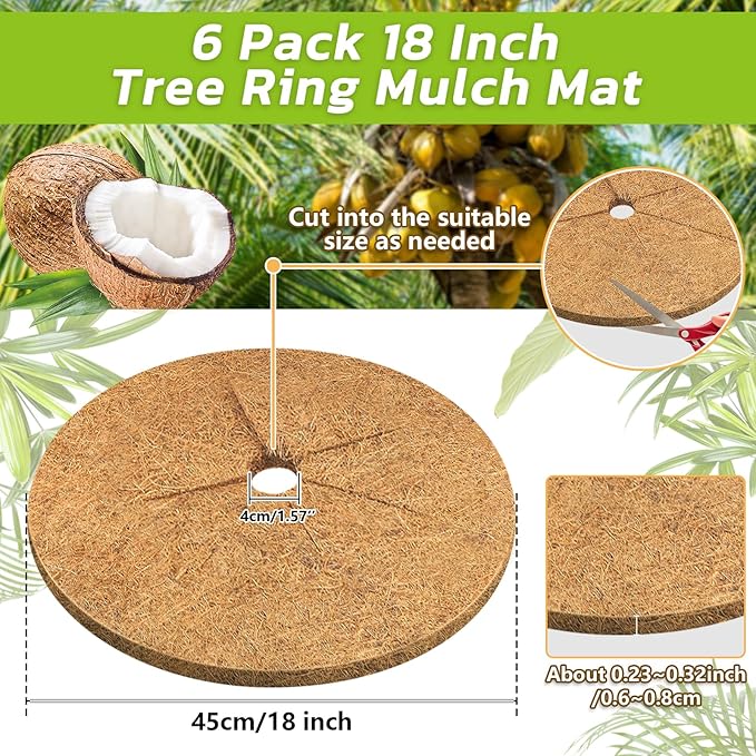 Legigo 6pcs Coconut Fiber Mulch Ring Tree Plant Protector Mat, 18 Inch Natural Coco Coir Tree Protection Ring Plant Pot Soil Cover, Tree Rings Disc Plant Cover for Indoor Outdoor Plants,Landscaping