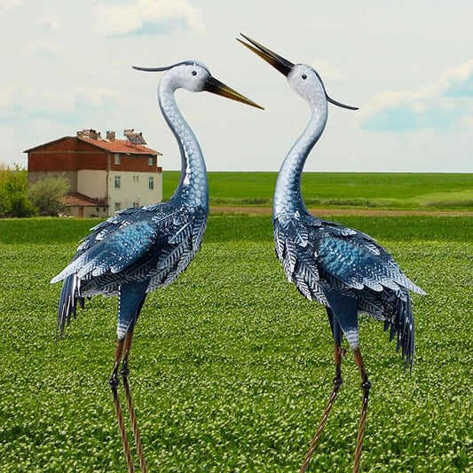 33-35 Inch Blue Heron Garden Statues for Outside, Metal Cranes for Yard Outdoor Decor, Standing Bird Sculptures for Patio, Lawn, and Backyard, Garden Sculptures & Statues, Set of 2