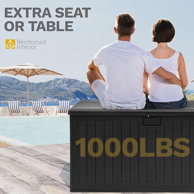 DWVO 150 Gallon Resin Outdoor Storage Box, XXL Double-Wall Waterproof Deck Box, Doubles as Table or Seating with 1000 lbs Capacity, Lockable (Black)