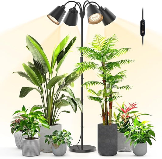 Grow Lights for Indoor Plants, 4 Head Floor Grow Light Stand with Flexible Gooseneck, 3800K Full Spectrum Non-Dimmable Light for Plants Growing, 59" Tall Standing Grow Light with Smart Timer