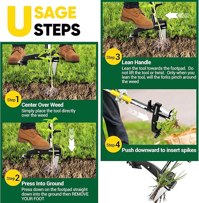 4-Claw Stand Up Weed Puller Tool, Gardening Hand Weeding Tool with 39.3" Long Ergonomic Handle with Easy-Eject Mechanism-Yellow