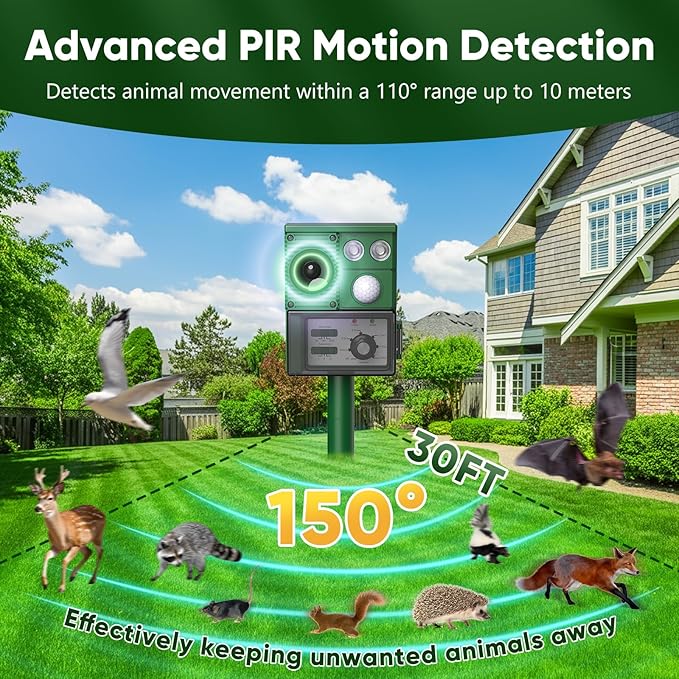 Solar Ultrasound Animal Repellent Outdoor, Deer Repellent Devices Skunk Repellent with Motion Detector & Flashing Light, Waterproof Raccoon Repeller, Cat Squirrel Rabbit Rat Repeller for Yard (Green)