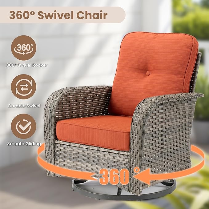 HOOOWOOO Outdoor Patio Furniture Set,5 Pieces Wicker Conversation Set,All Weather Couch Set with Swivel Chairs Solar Light Table 5 Seaters for Out Door Yard(Brick Red)