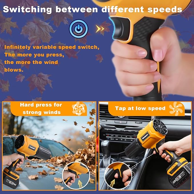 Small Cordless Leaf Blower,Leaf Blower Cordless,300,000RPM Turbo Jet Blower, with 1 X 24VX 4.0Ah Battery and Charger,for Patio Cleaning, Lawn Care, Car Cleaning and Dust Etc,2 Blowing Nozzles-Yellow